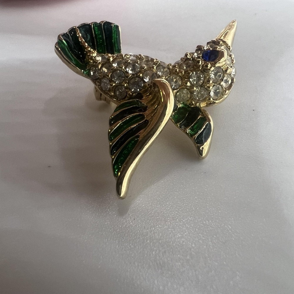 Hummingbird Brooch Pin Gold Tone Rhinestone Green Enamel Bird Costume Jewelry 2" - Picture 3 of 5